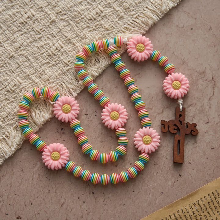 Christianartworkshop Soft Pastel Rainbow Stripe Rosary with Pink Daisy & Kids' Faith Accessory - image 2