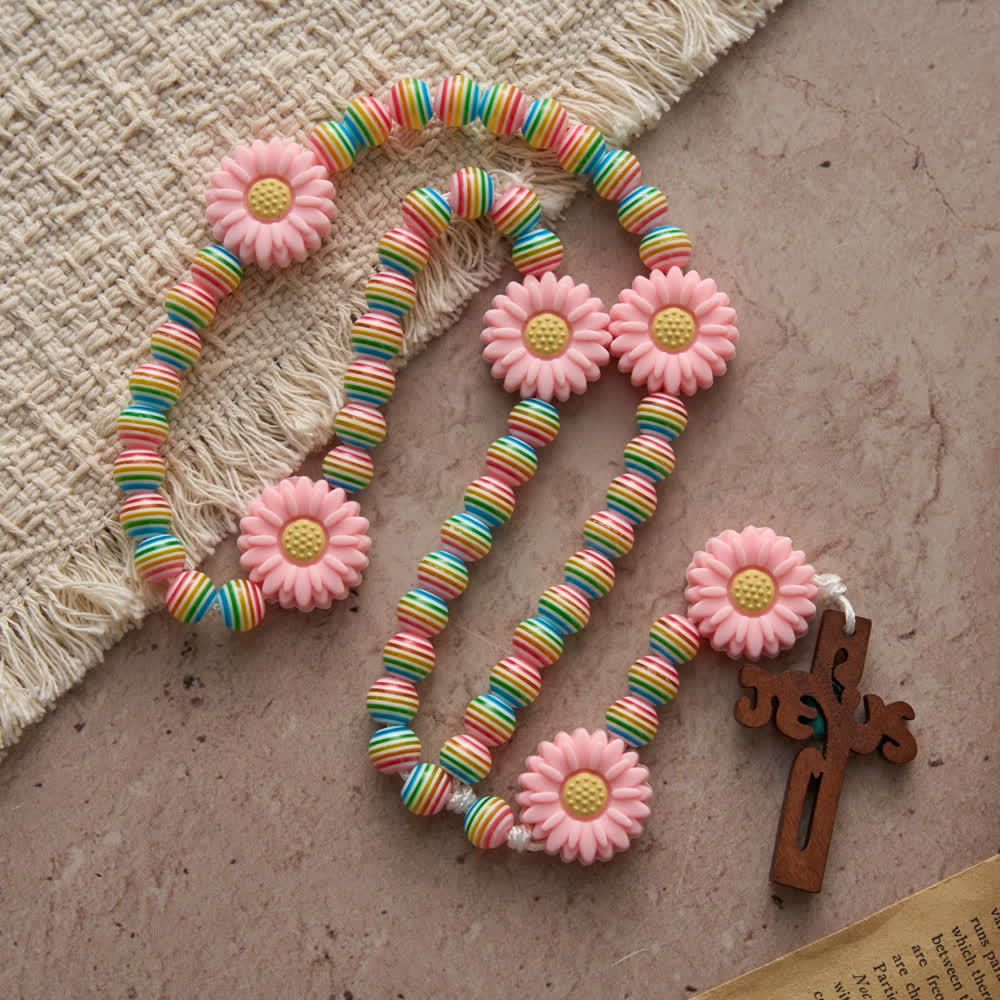 Christianartworkshop Soft Pastel Rainbow Stripe Rosary with Pink Daisy & Kids' Faith Accessory - image 3