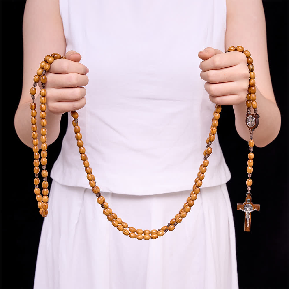 Christianartworkshop Traditional Rustic Oval Wood 15-Decade Rosary with St. Benedict Centerpiece - image 1