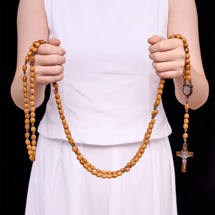 Christianartworkshop Traditional Rustic Oval Wood 15-Decade Rosary with St. Benedict Centerpiece - image 1