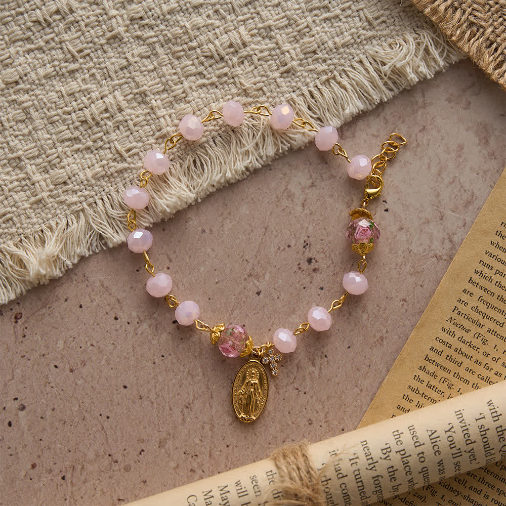 Christianartworkshop Soft Pink Crystal Devotional Bracelet with Our Lady Medal & Cross - image 3