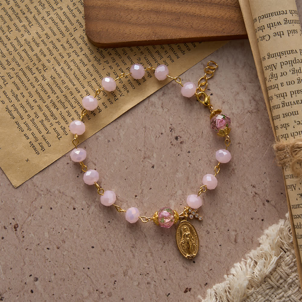 Christianartworkshop Soft Pink Crystal Devotional Bracelet with Our Lady Medal & Cross - image 4