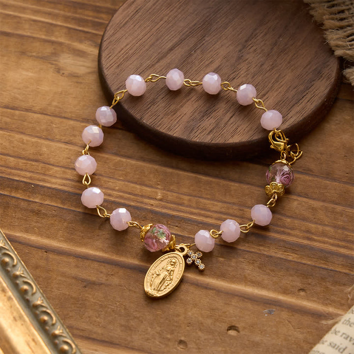 FREE Today: Soft Pink Crystal Devotional Bracelet with Our Lady Medal & Cross - Wrist Circumference: 7.42"-9.89"/18.84-25.13 cm - image 0