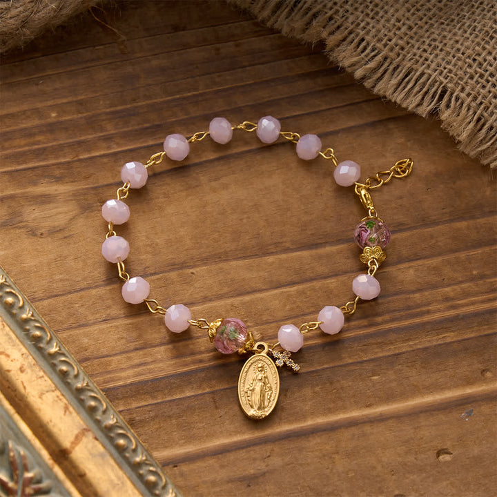 FREE Today: Soft Pink Crystal Devotional Bracelet with Our Lady Medal & Cross - image 2