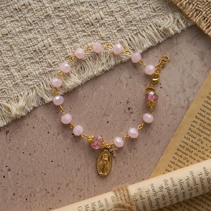 FREE Today: Soft Pink Crystal Devotional Bracelet with Our Lady Medal & Cross - image 3