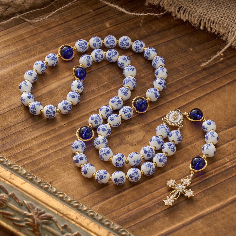 Christianartworkshop Blue & White Floral Ceramic Rosary with Elegant Marian Devotion - Our Lady & Cross - image 0