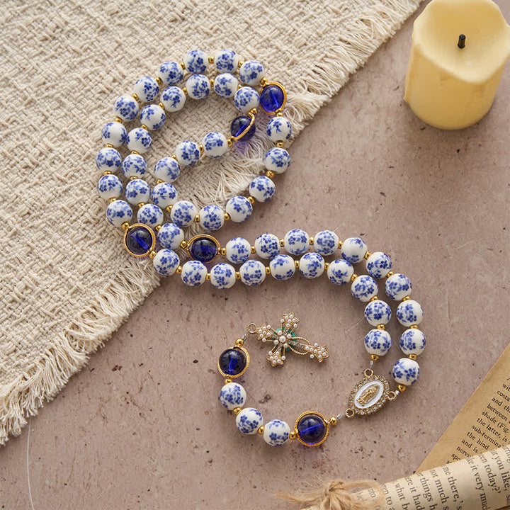 Christianartworkshop Blue & White Floral Ceramic Rosary with Elegant Marian Devotion - image 2