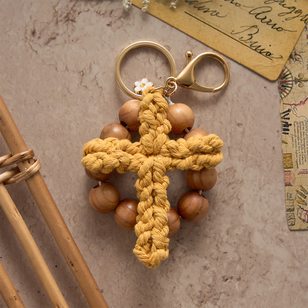Christianartworkshop Peach Wood Bead Pocket Rosary & Keychain with Multicolor Handmade Crochet Cross - image 5