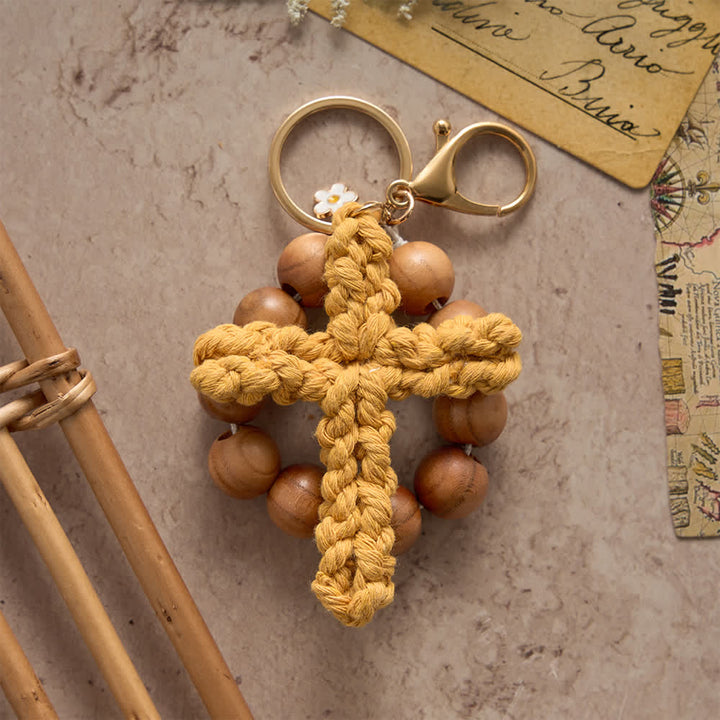 Christianartworkshop Peach Wood Bead Pocket Rosary & Keychain with Multicolor Handmade Crochet Cross - image 5