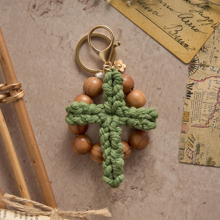 Christianartworkshop Peach Wood Bead Pocket Rosary & Keychain with Multicolor Handmade Crochet Cross - image 7