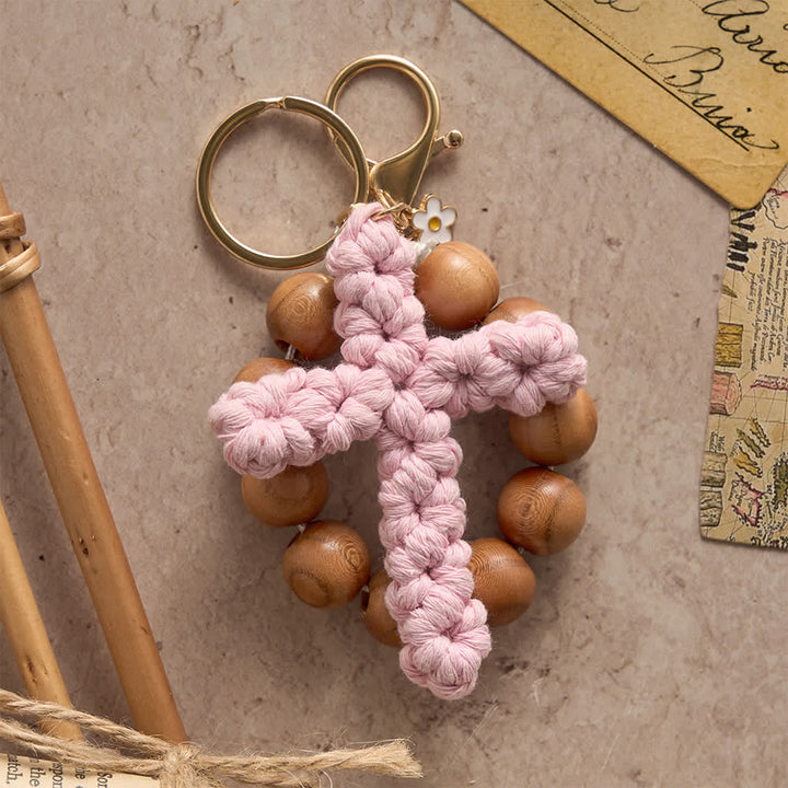 Christianartworkshop Peach Wood Bead Pocket Rosary & Keychain with Multicolor Handmade Crochet Cross - image 9