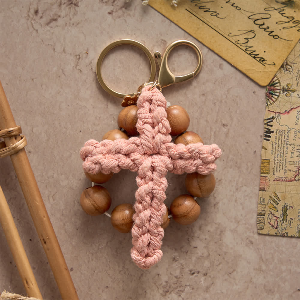 Christianartworkshop Peach Wood Bead Pocket Rosary & Keychain with Multicolor Handmade Crochet Cross - image 1