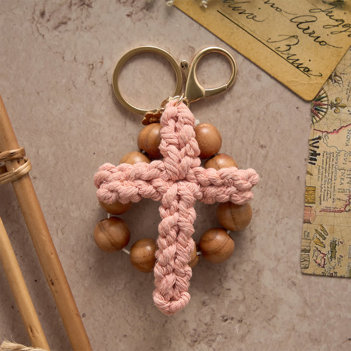 Christianartworkshop Peach Wood Bead Pocket Rosary & Keychain with Multicolor Handmade Crochet Cross - image 1