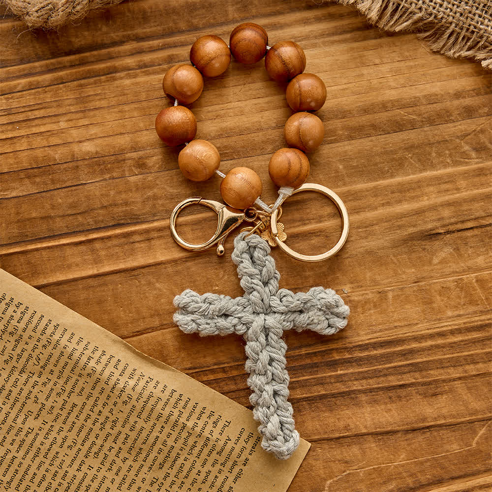 Peach Wood Bead Pocket Rosary Keychain with Handmade Multicolor