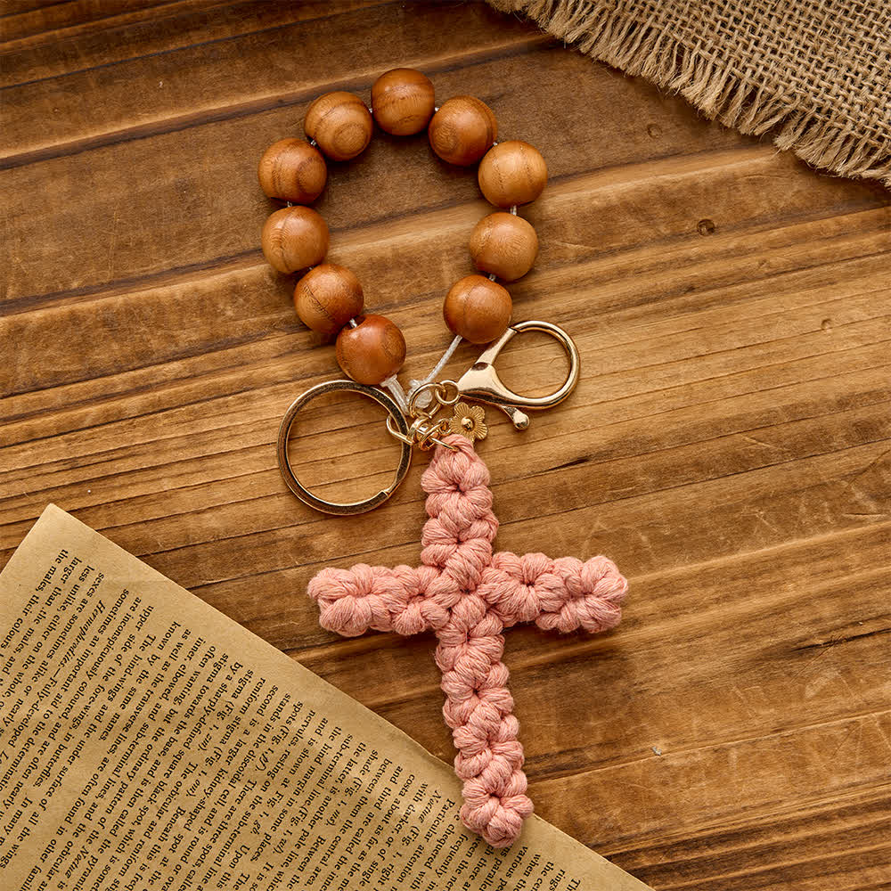 Christianartworkshop Peach Wood Bead Pocket Rosary & Keychain with Multicolor Handmade Crochet Cross - Pink - image 2