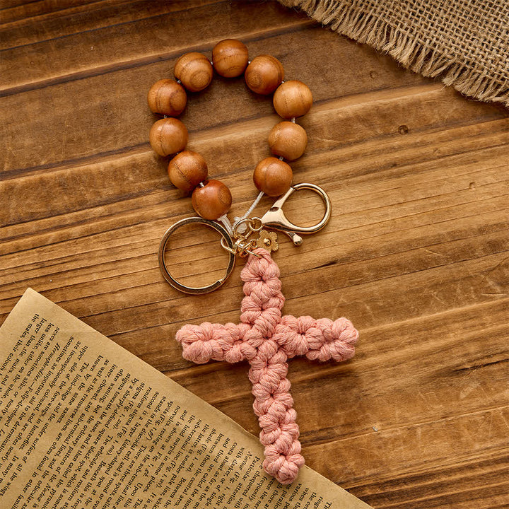 Christianartworkshop Peach Wood Bead Pocket Rosary & Keychain with Multicolor Handmade Crochet Cross - Pink - image 2