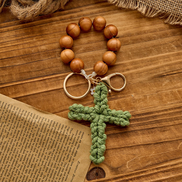 Christianartworkshop Peach Wood Bead Pocket Rosary & Keychain with Multicolor Handmade Crochet Cross - Green - image 8