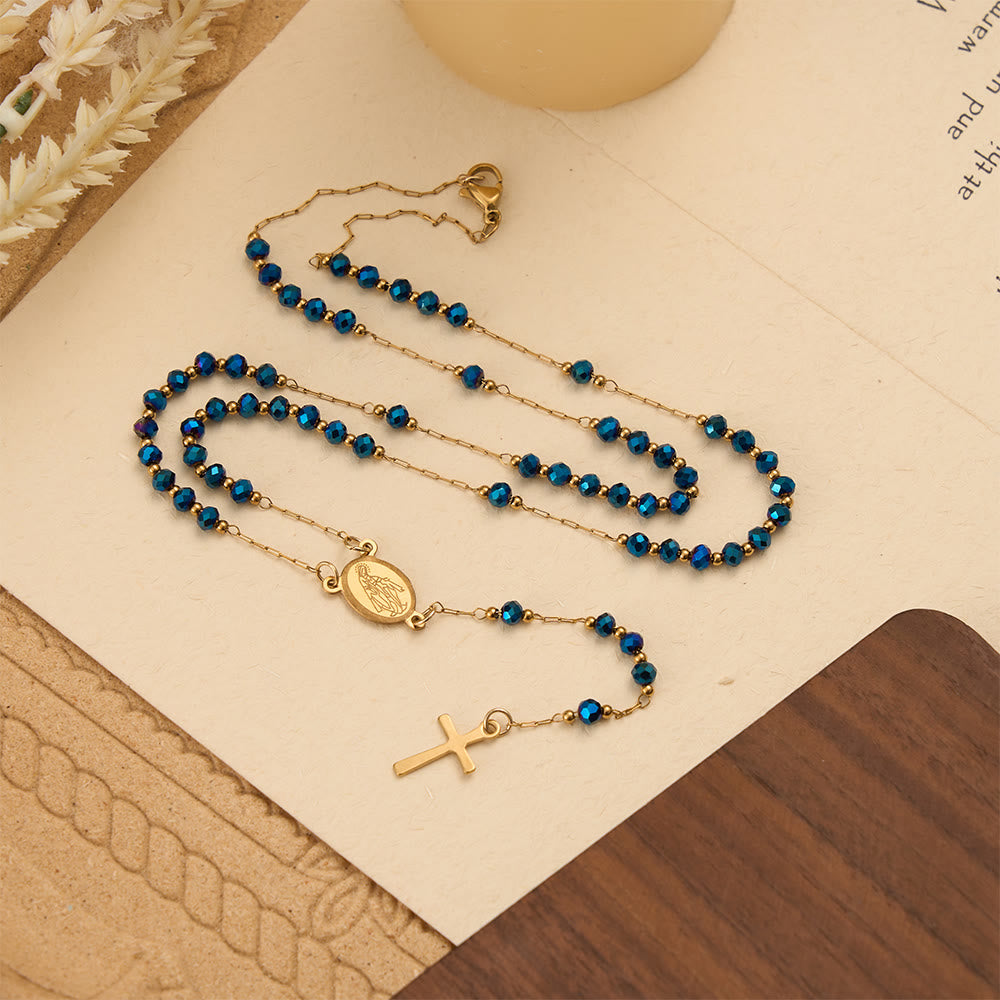 Christianartworkshop Faceted Crystal & Imitation Pearl Bead Minimal Our Lady Rosary with Flat Cross Pendant - Blue - image 0