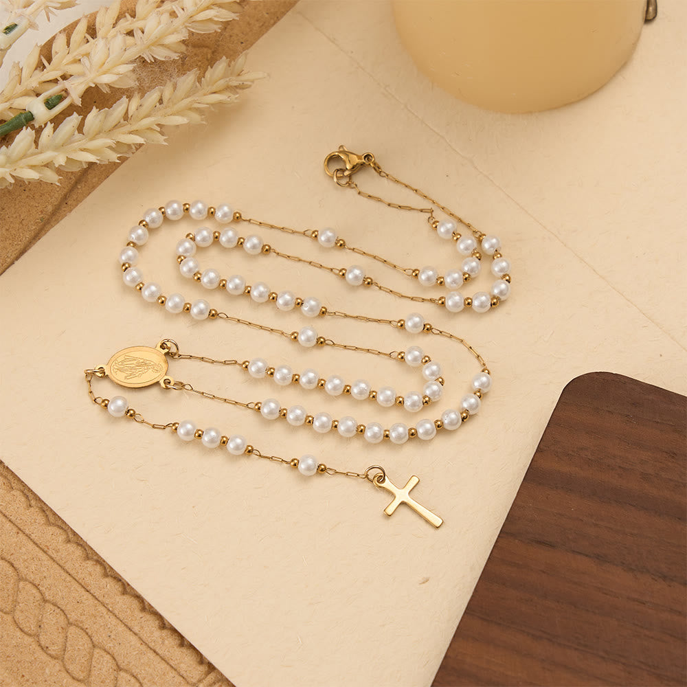 Christianartworkshop Faceted Crystal & Imitation Pearl Bead Minimal Our Lady Rosary with Flat Cross Pendant - image 5