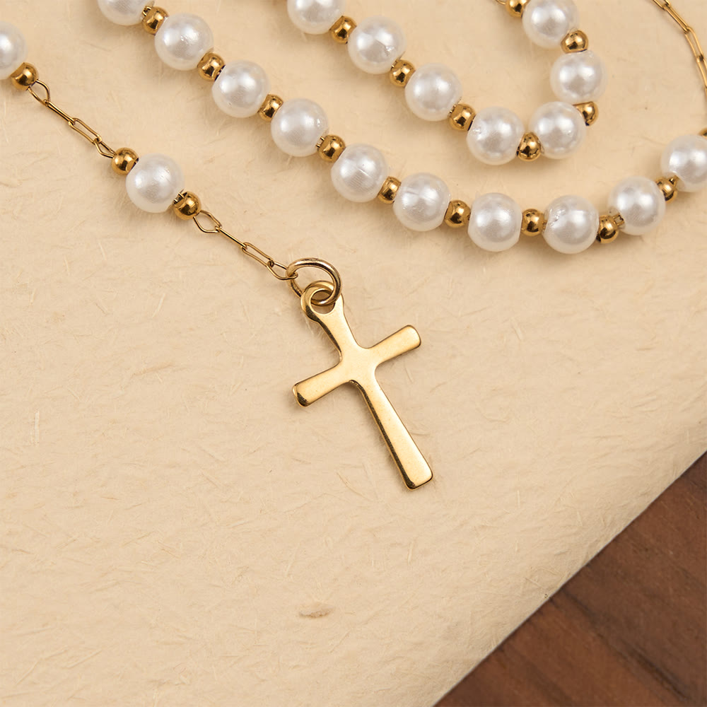 Christianartworkshop Faceted Crystal & Imitation Pearl Bead Minimal Our Lady Rosary with Flat Cross Pendant - image 8