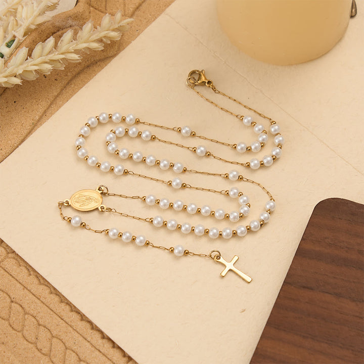 Christianartworkshop Faceted Crystal & Imitation Pearl Bead Minimal Our Lady Rosary with Flat Cross Pendant - White - image 4