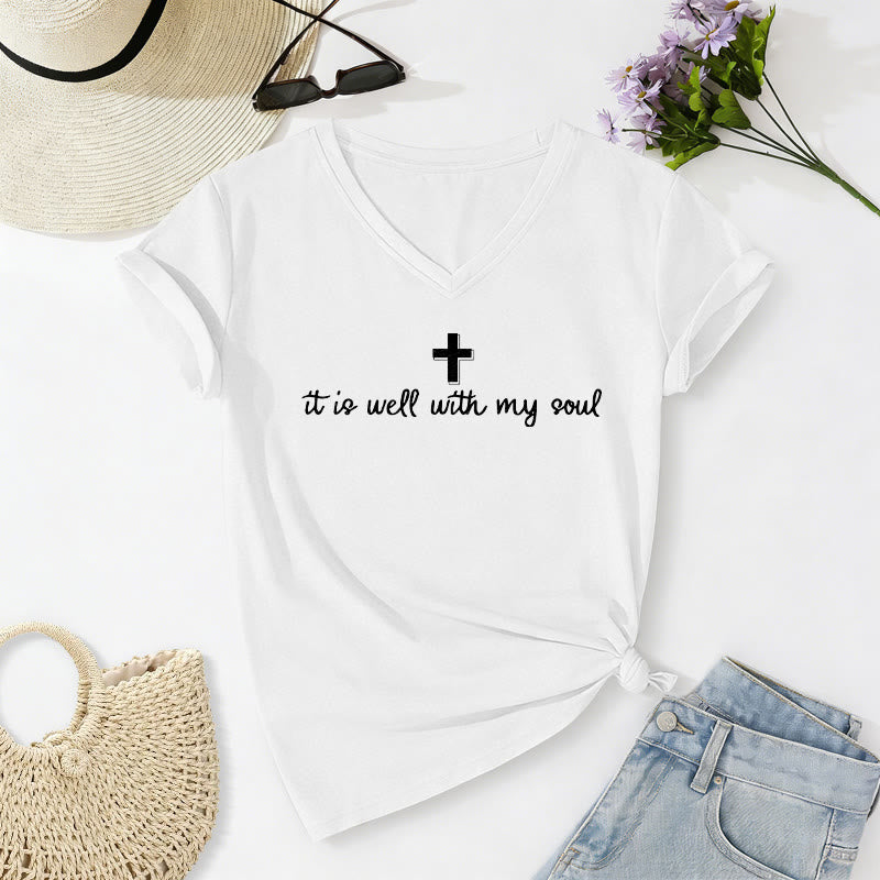 Christianartworkshop "It Is Well With My Soul" Cross Script Casual V-neck T-shirt - White - 2XL - image 14