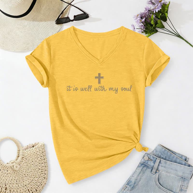 Christianartworkshop "It Is Well With My Soul" Cross Script Casual V-neck T-shirt - Yellow - 2XL - image 10