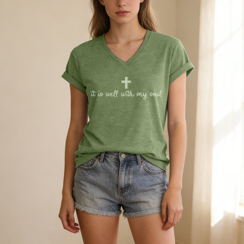 Christianartworkshop "It Is Well With My Soul" Cross Script Casual V-neck T-shirt - image 13