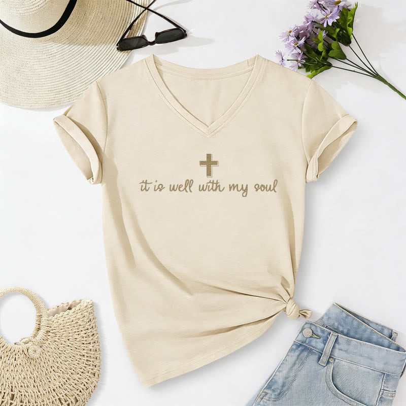 Christianartworkshop "It Is Well With My Soul" Cross Script Casual V-neck T-shirt - Beige - 2XL - image 4