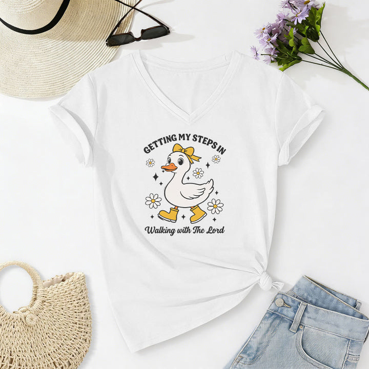 Christianartworkshop "Getting My Steps In Walking With The Lord" Cartoon Duck Daisy Casual V-neck T-shirt - White - 2XL - image 16