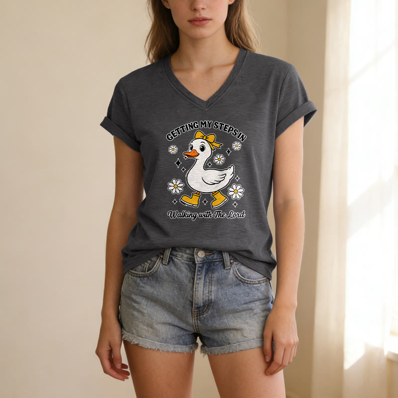 Christianartworkshop "Getting My Steps In Walking With The Lord" Cartoon Duck Daisy Casual V-neck T-shirt - image 5