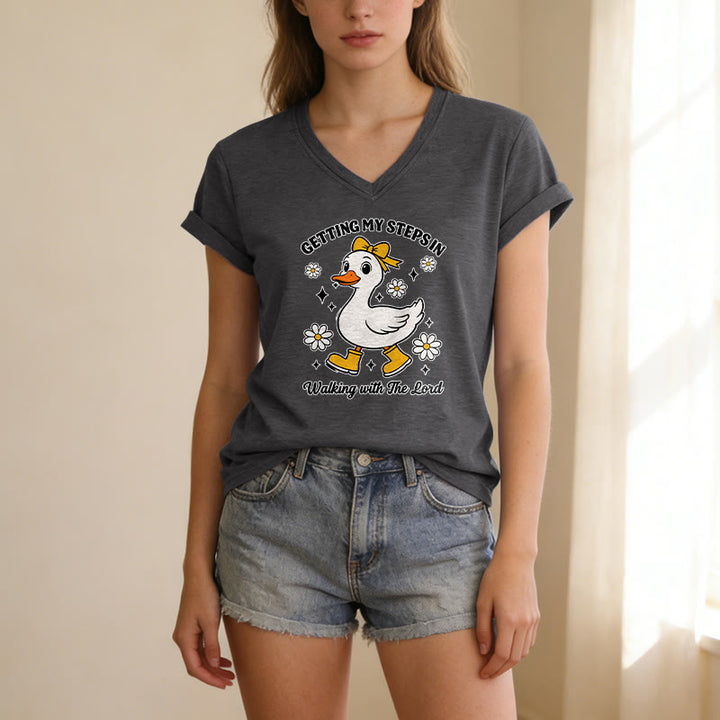 Christianartworkshop "Getting My Steps In Walking With The Lord" Cartoon Duck Daisy Casual V-neck T-shirt - image 5