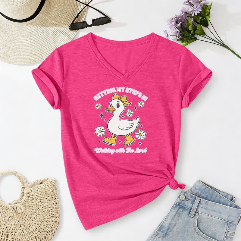 Christianartworkshop "Getting My Steps In Walking With The Lord" Cartoon Duck Daisy Casual V-neck T-shirt - Rose - 2XL - image 24