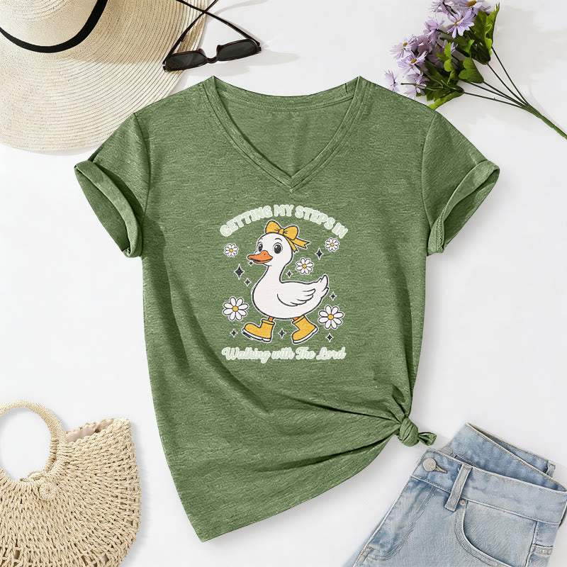 Christianartworkshop "Getting My Steps In Walking With The Lord" Cartoon Duck Daisy Casual V-neck T-shirt - Olive Green - 2XL - image 14