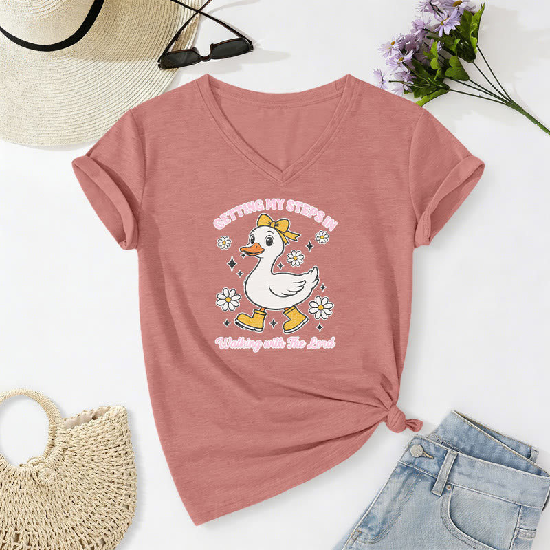 Christianartworkshop "Getting My Steps In Walking With The Lord" Cartoon Duck Daisy Casual V-neck T-shirt - Light Pink - 2XL - image 8