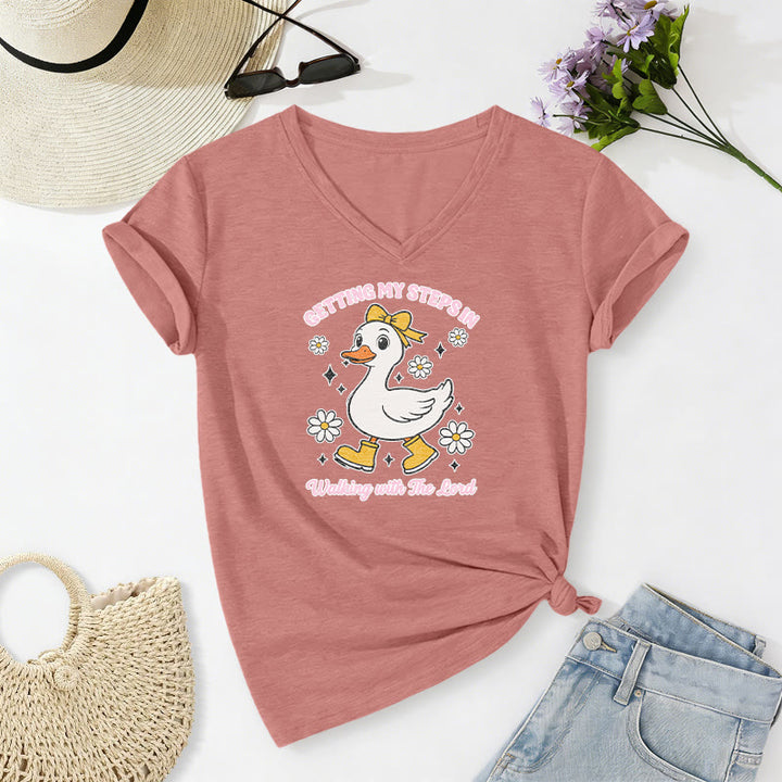 Christianartworkshop "Getting My Steps In Walking With The Lord" Cartoon Duck Daisy Casual V-neck T-shirt - Light Pink - 2XL - image 8