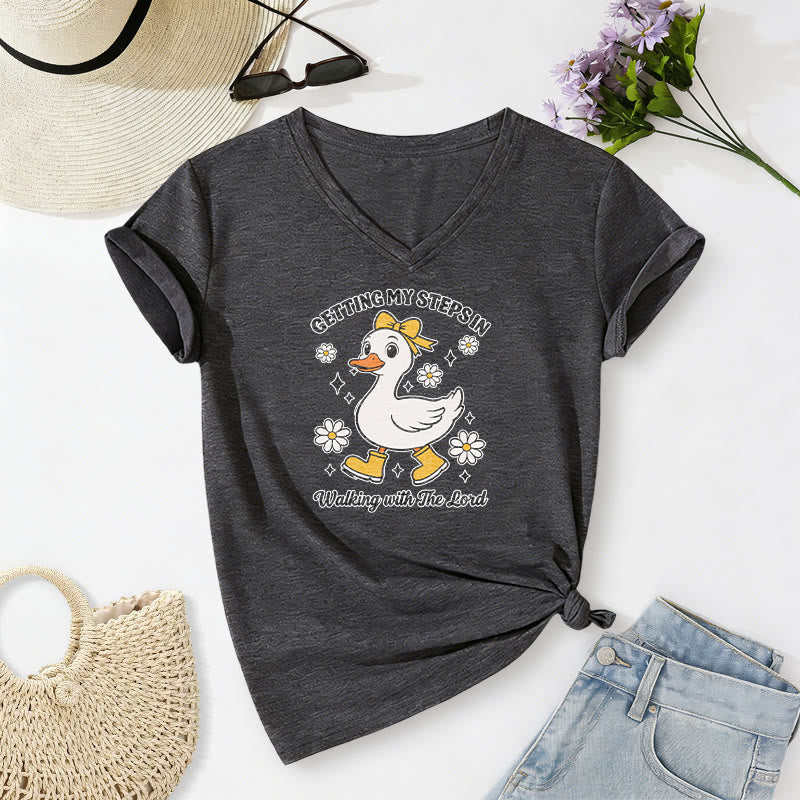 Christianartworkshop "Getting My Steps In Walking With The Lord" Cartoon Duck Daisy Casual V-neck T-shirt - Dark Grey - 2XL - image 4