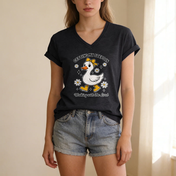 Christianartworkshop "Getting My Steps In Walking With The Lord" Cartoon Duck Daisy Casual V-neck T-shirt - image 11