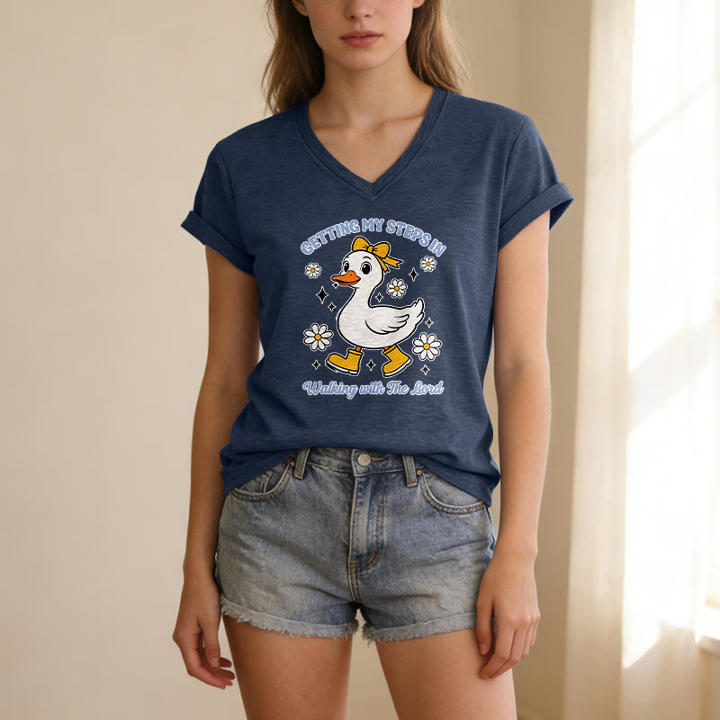 Christianartworkshop "Getting My Steps In Walking With The Lord" Cartoon Duck Daisy Casual V-neck T-shirt - image 3