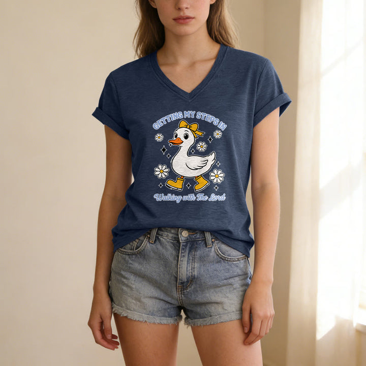 Christianartworkshop "Getting My Steps In Walking With The Lord" Cartoon Duck Daisy Casual V-neck T-shirt - image 3