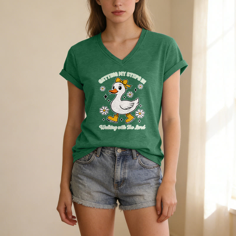 Christianartworkshop "Getting My Steps In Walking With The Lord" Cartoon Duck Daisy Casual V-neck T-shirt - image 21