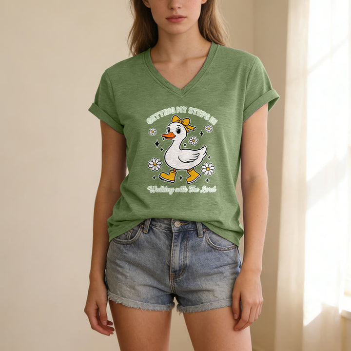 Christianartworkshop "Getting My Steps In Walking With The Lord" Cartoon Duck Daisy Casual V-neck T-shirt - image 15