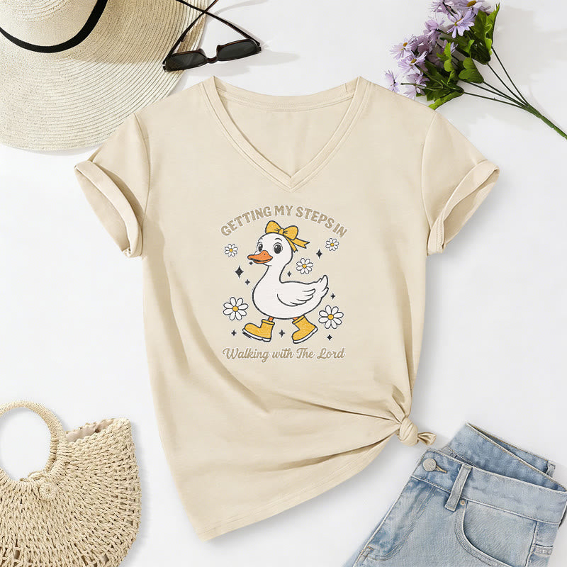 Christianartworkshop "Getting My Steps In Walking With The Lord" Cartoon Duck Daisy Casual V-neck T-shirt - Beige - 2XL - image 6