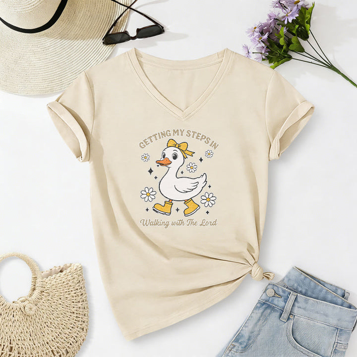 Christianartworkshop "Getting My Steps In Walking With The Lord" Cartoon Duck Daisy Casual V-neck T-shirt - Beige - 2XL - image 6