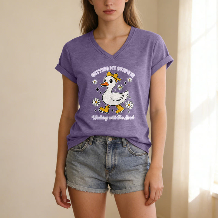 Christianartworkshop "Getting My Steps In Walking With The Lord" Cartoon Duck Daisy Casual V-neck T-shirt - image 1