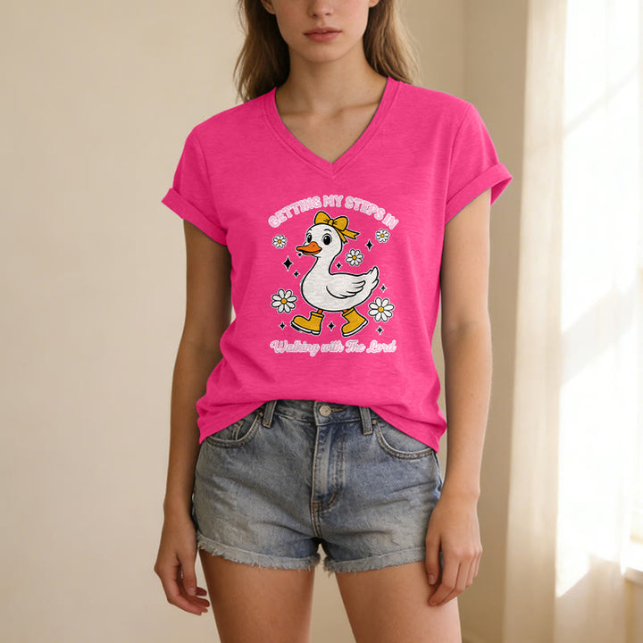 Christianartworkshop "Getting My Steps In Walking With The Lord" Cartoon Duck Daisy Casual V-neck T-shirt - image 25