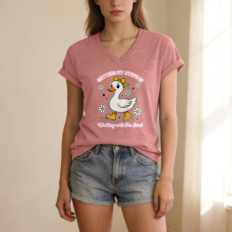 Christianartworkshop "Getting My Steps In Walking With The Lord" Cartoon Duck Daisy Casual V-neck T-shirt - image 9