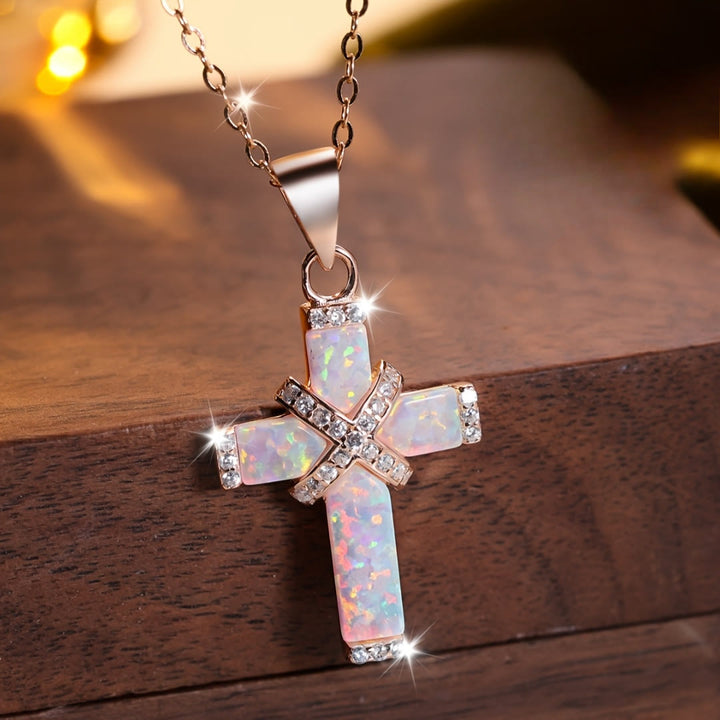 Christianartworkshop Inlaid Opal Layered Cross Pendant Paved Zircon Thin Cable Chain Necklace: A Symbol of Pure Faith - Rosegold - image 0
