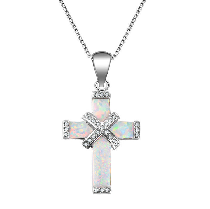 Christianartworkshop Inlaid Opal Layered Cross Pendant Paved Zircon Thin Cable Chain Necklace: A Symbol of Pure Faith - Silver - image 4