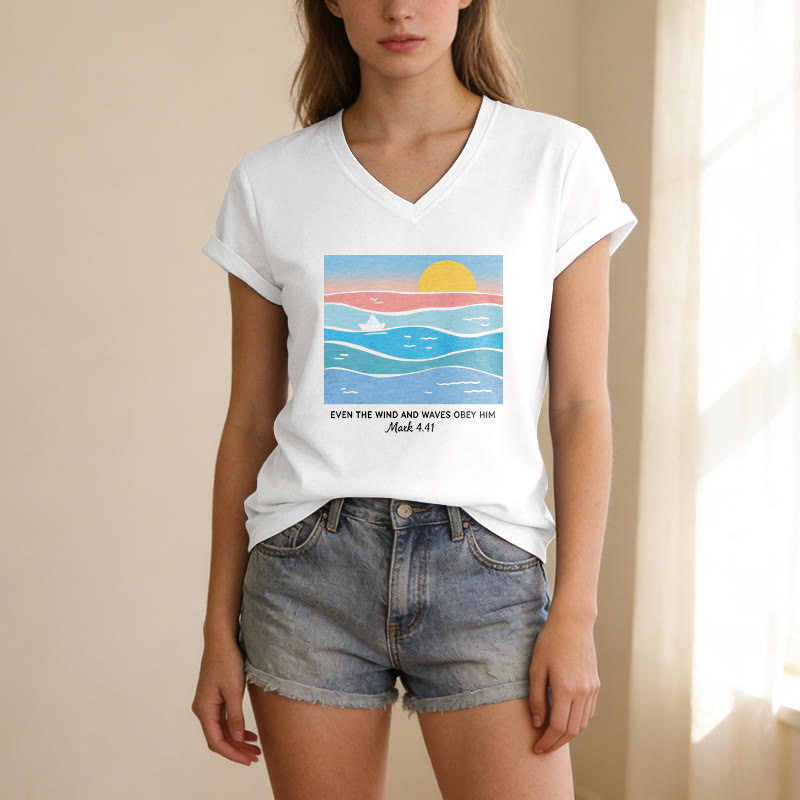 Christianartworkshop "Even The Wind And Waves Obey Him Mark 4:41" Ocean Sunset Graphic Casual V-neck T-shirt - image 19